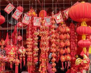 Shop selling different traditional decoration for greeting Chinese new year