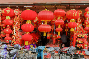 Shop selling different traditional decoration for greeting Chinese new year