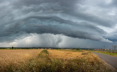 A huge storm cloud with a wall of rain in the countryside.