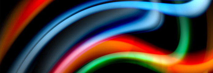 Dynamic motion abstract background. Color blurred stripes on black. Wave liquid lines poster. Vector illustration