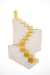 Financial concept, Golden arrow with stairs Isolated On White Background, 3D render. 3D illustration.