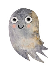 Cute watercolor happy ghost flying. Cartoon clip art spooky character isolated design element. Smiling face.
