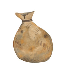 Textile sack bag for wheat, rice or flour. Isolated game design element of a brown ochre yellow color with spots, dots and rope.