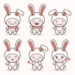 cute bunny rabbit mascot with various kinds of expressions set collection