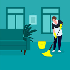 a woman maid does cleaning, washes the floor with a mop in yellow gloves, cleaning, disinfection of floor surfaces,