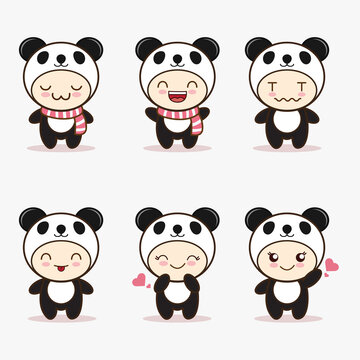cute panda mascot with various kinds of expressions set collection