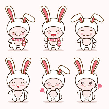 cute bunny rabbit mascot with various kinds of expressions set collection