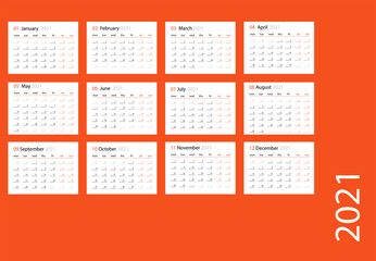 2021 calendar planner set for template corporate design week start on Monday.