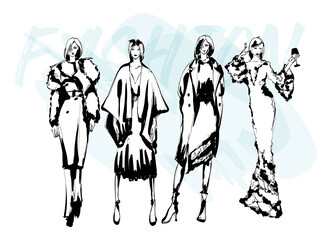 Beautiful young women in modern style.. Hand drawn stylish woman portrait. Fashion lady. Autumn outfit. Sketch set. Fashion model posing in coat. Hand drawn fashion woman.