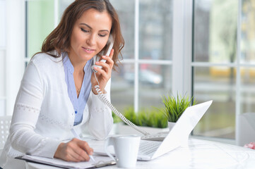 Portrait of young beautiful woman working with laptop