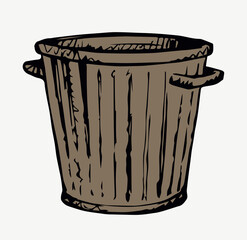 Iron trash can isolated on white. Black ink hand drawn sign