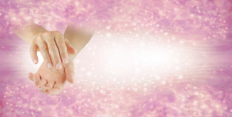 Come and Join our Reiki Share Group Invitation Banner - female healer with cupped hands against a...