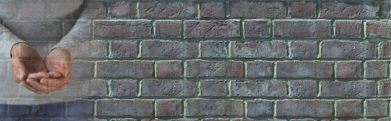 Seeking help for the homeless and hungry Brick Wall Campaign Message Banner - Female with cupped hands fading into  grey grunge rustic brick wall with  space for messages
