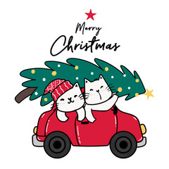 Happy friend cat drive in red car with Christmas pine tree on top, Merry Christmas, cute cat cartoon clip art element flat vector