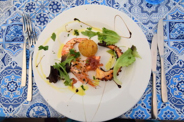 Fresh Seafood Appetizers in the Plate at Lunch