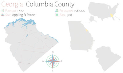 Large and detailed map of Columbia county in Georgia, USA.