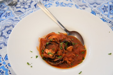 Octopus in the Plate With Tomato Sauce