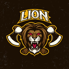 angry lion head with axe mascot logo cartoon illustration 