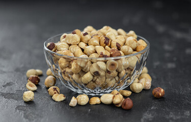 Peeled Hazelnuts (close up shot; selective focus)
