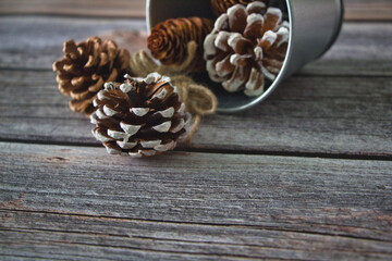 pine cones on a wooden background