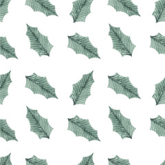 Seamless pattern with watercolor rowan leaves. Christmas, festive background.
