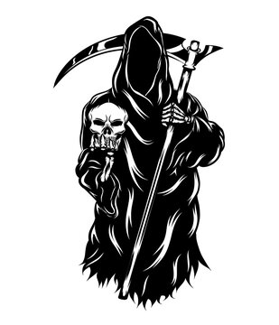 The grim reaper holding the head skull without the face