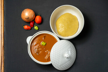 plan view of local ghanaian dish, with ingredients