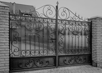 Modern metal gate with decorative forged elements