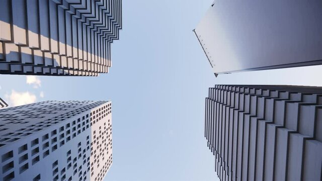 3d render of abstract bright city with skyscrapers. Simple forms of buildings in daylight. Forward camera movement.top of the abstract 3D city of white. Approach and distance to the height .