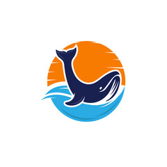 cool and creative whale badge with whale tail or fin, sun, dusk sky, and sea or ocean logo design inspiration. Suitable for outdoor adventure logo © syawalan