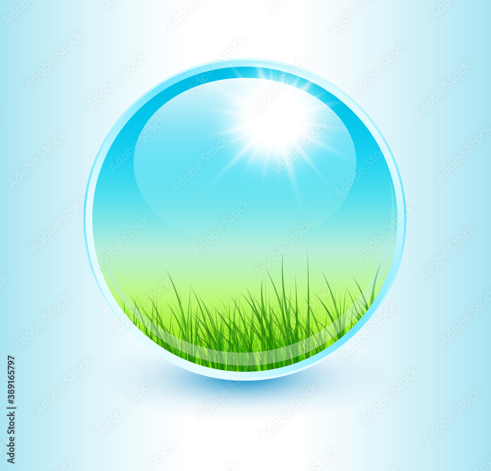 Wall mural crystal sphere with green grass inside as spring background concept, vector design.