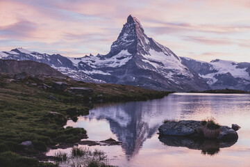 Sunset at Lake Stellisee with a view the Matterhorn
