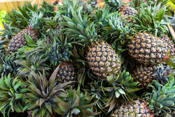 Freshly cut pineapples on the counter of a street food market