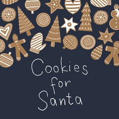 Cookies for santa child hand lettering. Christmas greeting card. Ugly font design for bright holiday celebration with gingerbread cookie pattern. Handwriting childish font.