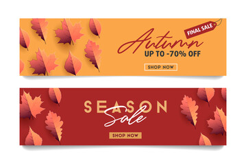 Fototapeta premium Two variants of leaflet template with seasonal autumn leaves illustration background and calligraphy promo text with discounts