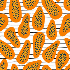 Papaya and stripes seamless pattern. Hand drawn exotic fruit and pen lines background. Trendy stylish tropical print with orange pawpaw.
