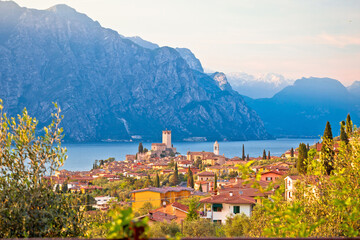 Fototapeta na wymiar Town of Malcesine on Lago di Garda historic skyline view