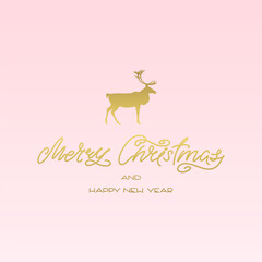 Fototapeta na wymiar Merry Christmas and Happy New Year. Winter holiday hand drawn lettering decorated with silhouette of a deer on a pink background. Can be used for seasonal greeting card, poster or invitation.