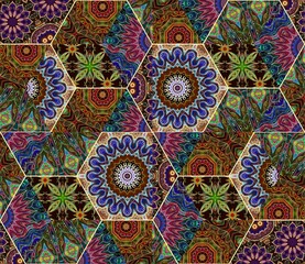 Colorful seamless patchwork pattern with ethnic ornaments. Print for fabric, tapestry, wallpaper, carpet, packaging. Creative quilt design. Mexican, Moroccan, Indian motifs.