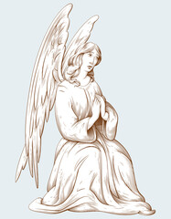 Praying sorrowful Angel. Religious symbol of Christianity. Biblical illustrations in old engraving style. Decor for religious holidays. Hand drawn vector illustration. - obrazy, fototapety, plakaty