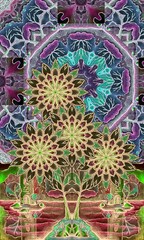 Beautiful panno or print for towel with fairytale tree from flowers on the background of landscape with towers.