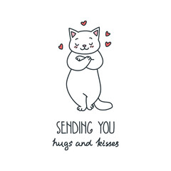 
Sending you hugs and kisses. Illustration of a cute cat in love isolated on a white background. Valentine's day card template. Vector 8 EPS.