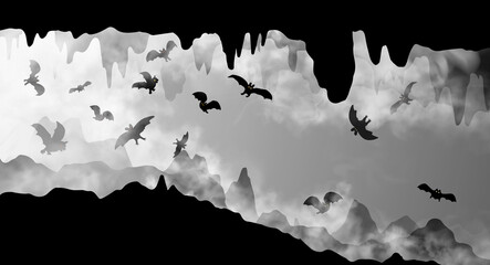 Mysterious underground cave whith flying bats black and white simple silhouette vector illustration. The cavern inside the realistic fog clouds with rocks and stalactites hand drawn scenery background