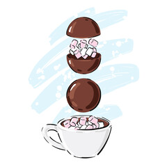 Hot chocolate bomb illustration. Hot chocolate bomb with mini marshmallows. Vector.