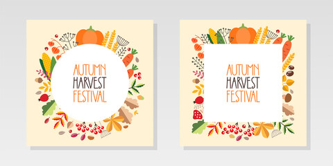 Harvest backgrounds. Set of autumn backgrounds with vegetables, berries, autumn leaves and plants. Can be used for autumn holiday invitations, greeting cards or banners. Vector illustration 10 EPS.