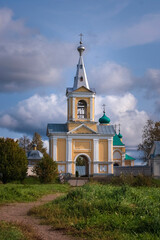 Fototapeta premium Bell tower of Vvedeno Oyatskiy Orthodox Women Monastery in the Vepsky forest of the Leningrad region Russia.