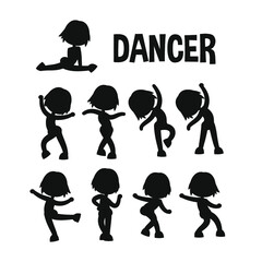 Different poses dancer silhouette set. Cartoon flat, kid style character, isolated vector illustration. 