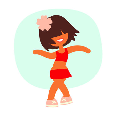 Cartoon kid style sporty dancing beautiful girl character with pink color flower on her brown color short hairstyle. Without outline cartoon flat style, vector illustration. 