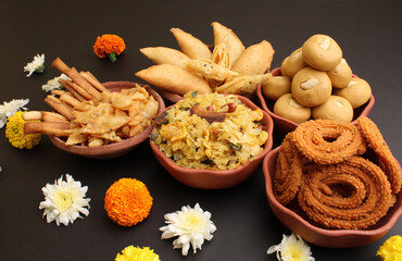 Fototapeta na wymiar Home made tasty Diwali food /snacks / sweets.