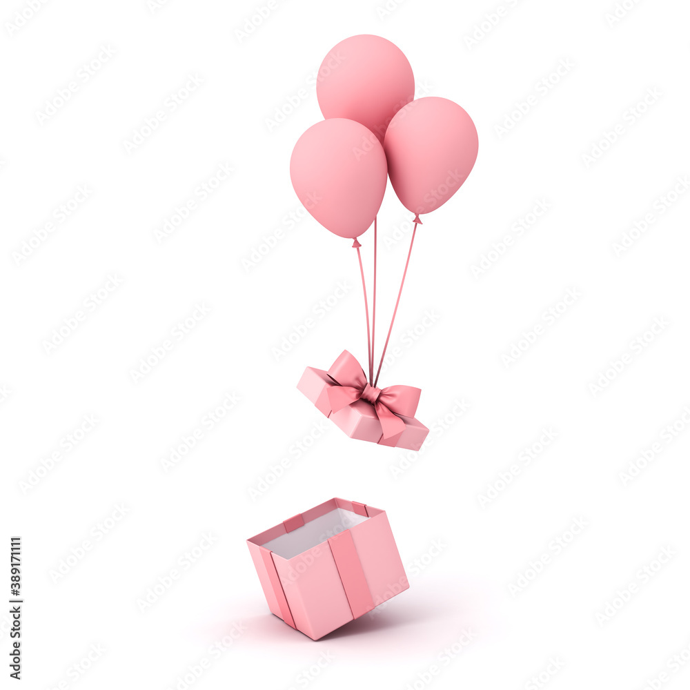 Aufkleber sweet pink pastel color gift box or open present box with pink ribbon bow and balloons isolated on w